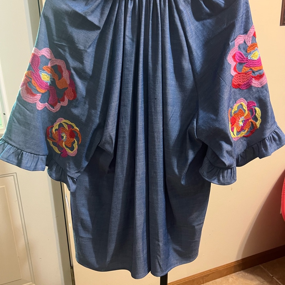 Embroidered Navy Blue Peasant Blouse with Floral Accents